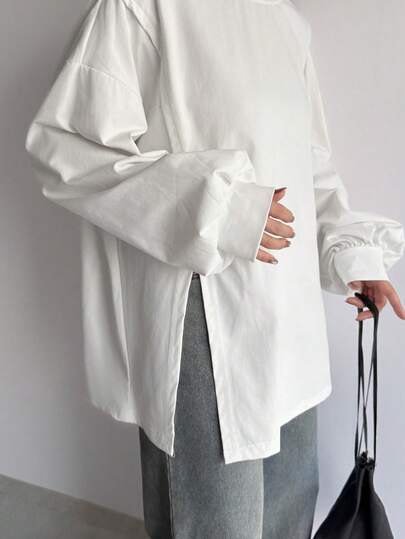 FRIFUL Solid Color Women's Slit Side Drop Shoulder T-Shirt,Fall Clothes Long Sleeve Women Tops