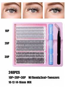 240/232PCS DIY Lash Extension Kit Individual & Cluster Lashes 10-16mm Mixed Lengths With Glue Sealant Tweezers For Daily & Party Makeup Faux Mink Material Soft Texture Ultra-Thin Band Ultra-Lightweight Long-Lasting - Black - View 9