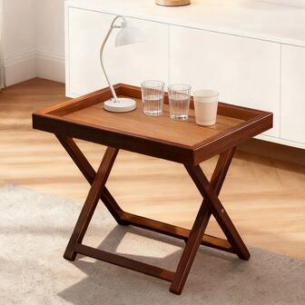 Durable Bamboo Folding Table & Tray Stand – Compact 15.75"X11.81" For Living Room, Bedroom, Kitchen (Lightweight, Brown)