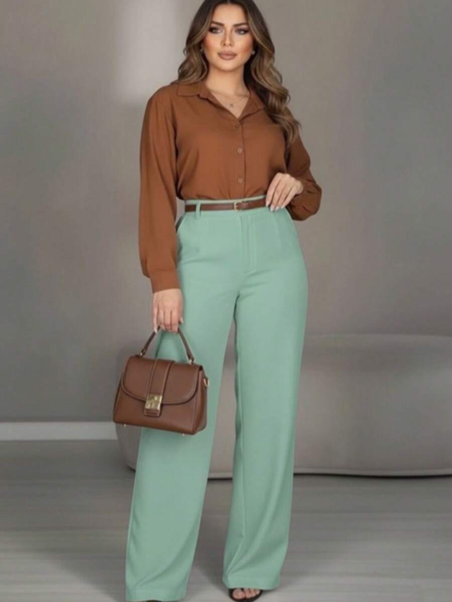 Women's Wide Leg Tailored Style Pantaloons With High Waist, Simple Zipper, Pocket, PP To GG, Office, Formal Night And Nighttime, Modern Winter, Premium Sensory Fabric - 薄荷綠 - 查看 1