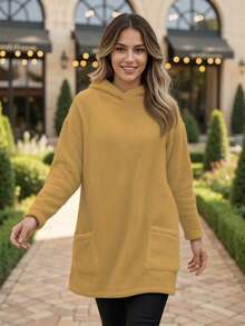 Sudadera De Peluche Larga con Bolsas En Frente Y Capucha para Mujer - Beis - Ver 1