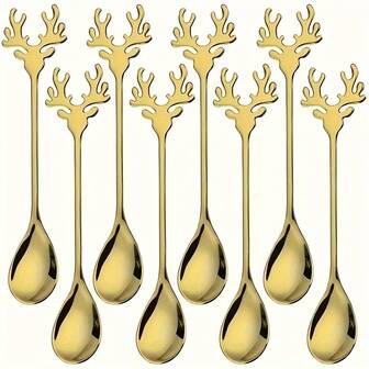 10pcs Gold Stainless Steel Auspicious Deer Head Dessert Spoons, Coffee Spoons, Christmas Specialty Spoons Suitable For Outdoor Gatherings, Home Garden Leisure Desserts, Wedding Party Dessert Spoons