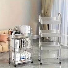 Multi-Functional Storage Cart, Design, Transparent Material, Suitable For Office, Bedroom, Bathroom, Kitchen Storage | Versatile Floor-Standing Metal Pipe Sliding Shelving Unit, Practical Storage Rack - Transparent - View 2
