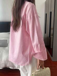 Look Polly Women's Solid Color Long Sleeve Shirt, Single Breasted Casual Fashion, Traceable Cotton Fall Women Clothes, Pocket Design, Back To School Clothes, Old Money Style Pink Top Women Christmas New Year Look Thanksgiving Shirt