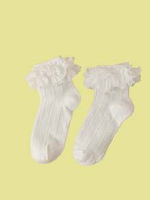 1 Pair Solid Color Cute Pleated Ruffle/Frill Ankle Socks, Versatile & Adorable For Everyday Wear