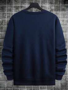 Men's Casual Versatile Daily Commute Minimalist Printed Crew Neck Short Sleeve Sweatshirt, Spring/Autumn - Navy Blue - View 2