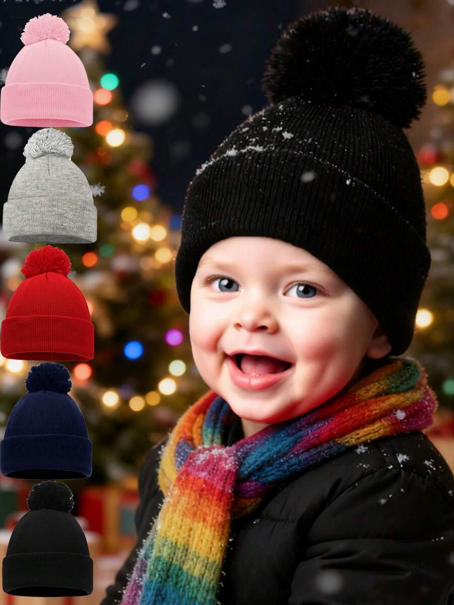 1顶新生儿纯色羊毛针织帽，可爱毛球帽，适合0-3岁儿童，男女通用 - One Pompom - 查看 1