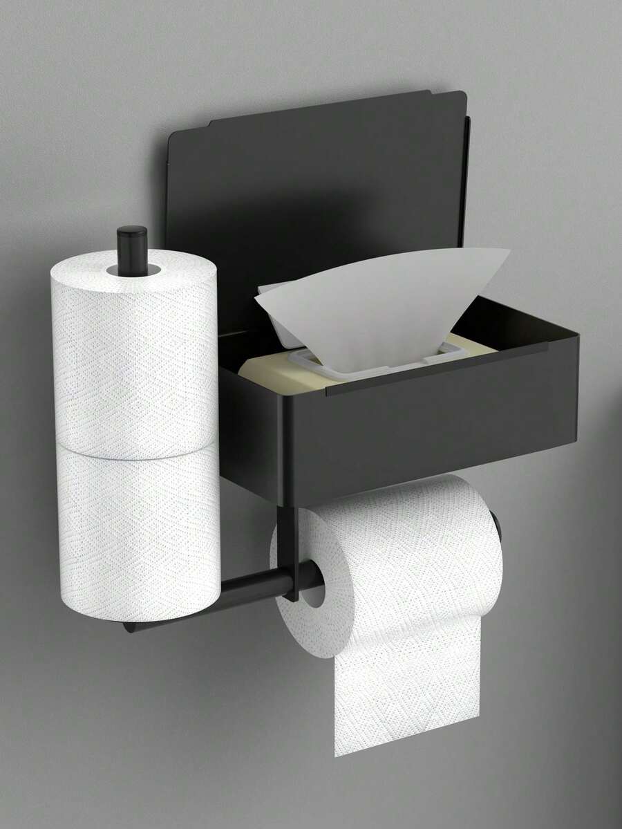 New Wet Wipes Holder, Toilet Paper Holder, Tissue Box, Toilet Paper Rack, Phone Holder - Modern Wall-Mounted Bathroom Tissue Dispenser And Wet Wipe Storage Organizer, Self-Adhesive Installation, Ideal For Modern Bathroom, Bathroom Storage - Black - View 1
