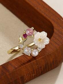 1 pieza Anillo de mujer con diseño único de mariposa y flor con micro-incrustaciones de circonita, joyería de dedo dulce