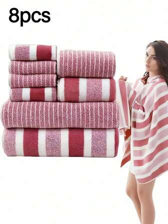 8-Piece Non-Shedding, Ultra-Absorbent, Extra-Soft Bath Towel Set In Dual-Colour Stripes To Five-Star Hotel Standards, Comprising 2 Bath Towels, 2 Hand Towels And 4 Face Towels. Ideal For Halloween, Christmas And Birthday Gifts.
