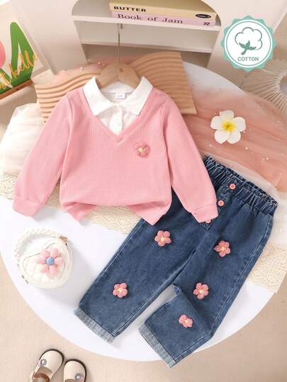 两件套休闲优雅时尚可爱女童套装，3D立体花卉刺绣拼接领衬衫搭配花卉刺绣装饰蓝色牛仔裤，柔软舒适，适合日常、度假、派对、户外活动等场合。