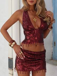Woman Sparkly Sequin Two Piece Skirt Outfits Summer Sleeveless Cami Crop Top Bodycon Mini Skirt Sets - 酒紅色 - 查看 3