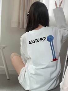 女士宽松字母印花棉质长袖T恤，适合春秋季节穿着 - 白色 - 查看 3