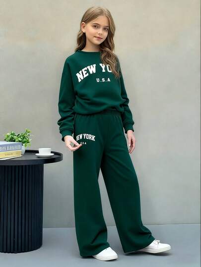 Tween Girls 2pcs/Set; Color System For Teenagers. Solid Color Casual Letter Pattern Long Sleeve Round Neck Top Straight Leg Pants Set Girl's Clothing.