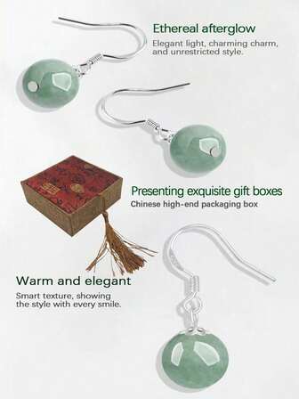 1 Pair Of S925 Silver Natural Jade Earrings, Light Green Round Bead Pendant Earrings, Fashionable And Elegant, Anti Allergic, Suitable For Women To Wear, Paired With Gift Boxes, Perfect Gifts, Wedding Accessories, Mother's Day Gifts. Suitable For Women As Wedding/Birthday/Valentine's Day Gifts (Certified Hypoallergenic),925 Sterling Jewelry,Cercei Argint 925 Seturi