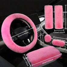 3/6pcs Winter Rabbit Plush Car Steering Wheel Cover Elastic Handle Cover Hand Brake Gear Set Car Accessories Interior - Multicolor - View 10