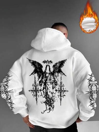 Moletom Masculino de Outono/Inverno, Moda Estilo de Rua Arte Punk Gótico Punk Streetwear Impressão Gráfica de Anjo e Arame Farpado Moletom de Fleece