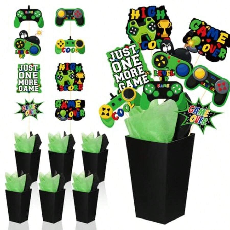 DSoulchen 6 Sets 84 Pcs Video Game Party Centerpieces Decorations Video Game Themed Table Toppers With Box Gaming Level Up Cutouts And Sticks For Shower Party Birthday Decor Green - như hình ảnh - Xem 1