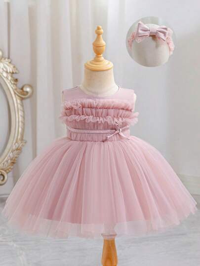 女婴 0-2 岁粉色婴儿连衣裙婚礼花童薄纱裙（含头带）