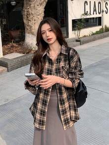 女士格子长袖衬衫，休闲宽松轻薄开衫外套，春秋季
