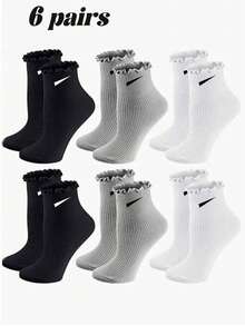 6 Paar Damen Socken mit einfarbigem Rüschensaum in Knöchellänge, Schwarz Weiß Grau, süß & modisch, bequeme Lässig socken geeignet für den täglichen Gebrauch, Reisen, Schule und Rock-Kombinationen, ganzjährig