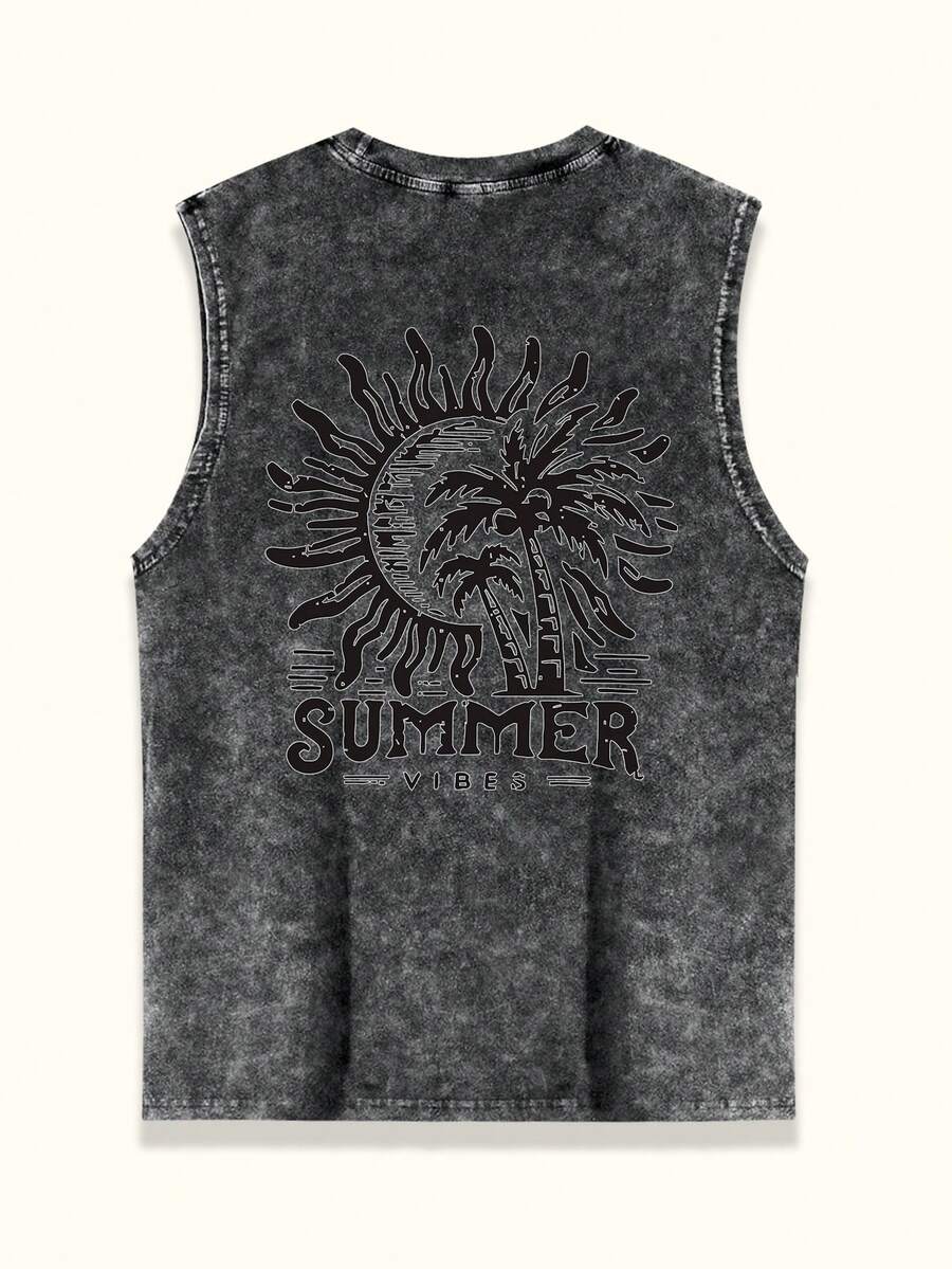 Men's Distressed Bleached Tank Top, Casual Sports Outdoor Hiking Beach Top With Letter & Palm Tree Landscape Print, Summer - Black - View 1