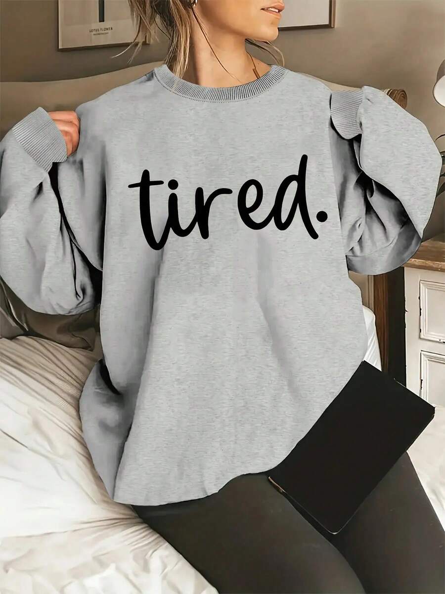 Winter Clothing Sweaters Plus Size Fatigue Print Sweatshirt, Casual Round Neck Long Sleeve Pullover, Suitable For Spring And Autumn, Women's Plus Size Clothing Loose And Comfortable Sweatshirts New Year Outfit Sweatshirts Sweaters - 灰色的 - 查看 1