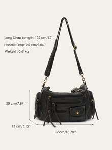 STEPHIECATHY 纯色水洗柔软PU仿皮，拉链封口，多口袋设计，双短肩带，可调节腰带，女士单肩斜挎包，小号，男女通用，复古休闲实用，适合大学生日常通勤 - 黑色 - 查看 6