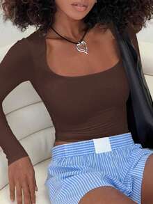 Áo dệt kim dài tay ôm dáng gợi cảm Vaiaye dành cho nữ, màu trơn, cổ vuông, kiểu dáng thường ngày đa năng, tối giản, thích hợp cho mùa xuân/hè. - màu nâu - Xem 6