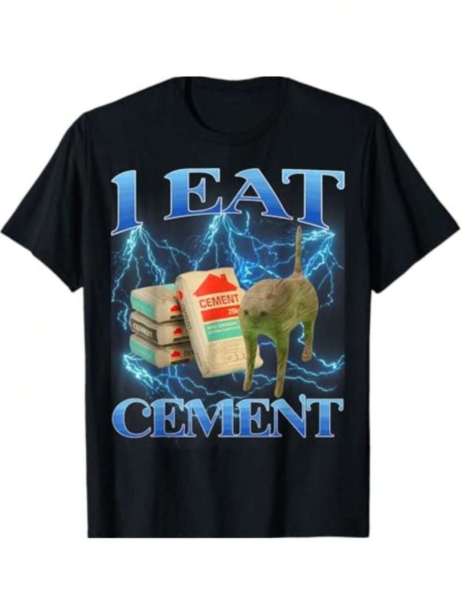 T-Shirt En Coton Pour Hommes Avec Le Mème Internet De Chat Drôle "Je Mange Du Ciment" - 黑色 - 查看 1