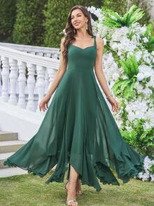 UNITHORSE V-Neck Spaghetti Strap Waist Cinched Tiered Dress, Minimalist Elegant Wedding Guest Gown - Dark Green - View 3