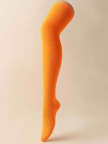 1 Pair Orange Smooth Opaque Thigh High Socks For Women - Orange - View 8