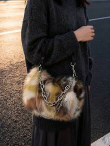 1 件女士渐变圆点仿皮草单肩包带链条，时尚斜挎包，适合秋冬 - 彩色 - 查看 4