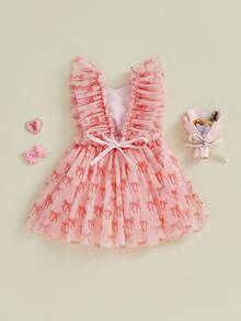 Vestido de tul para niña, estampado de corazones, sin mangas, con tirantes, corte A, para primavera y verano - Rojo - Ver 2