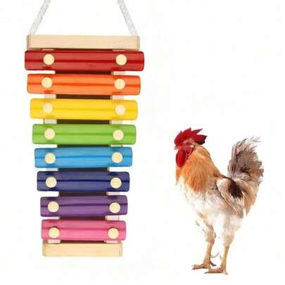 7-Note Ringing Chicken Toy Piano, Pet Rooster Ladder, Chicken Toy Wooden Piano With Striking Bells, Colorful Wooden Block Accessories, Chew-Resistant, Interactive Wooden Bird Toys With Rocking, Piano And Training Games, Suitable For Parrots And Other Birds - Metal Structure (Random Hook Color)