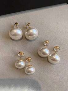 3 Pairs Retro Minimalist Elegant Faux Pearl Stud Earrings Set, Chic Lightweight Earrings Suitable For Women's Daily And Holiday Wear - Hoa anh đào màu hồng - Xem 9