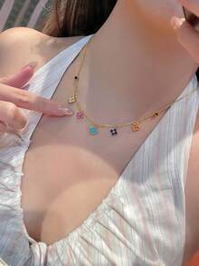 1 套不锈钢时尚甜美优雅四叶草菱形花多巴胺项链，优雅耳环，奢华吊坠项链，适合女士 - 金黃色 - 查看 6