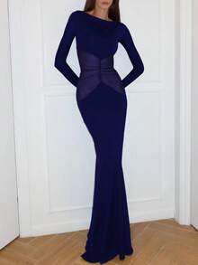 女士性感网眼拼布紧身长袖长裙优雅夜间外出节日派对秋冬装 - 藏蓝色 - 查看 4