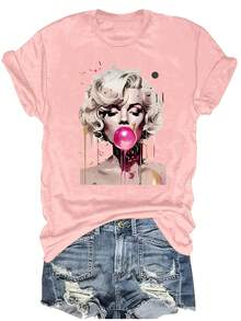 Plus Size-Chic Portrait Pattern T-Shirt, Short Sleeve Casual Round Neck Top, Spring Summer Women's Clothing-1xl-5xl - 粉紅色 - 查看 5