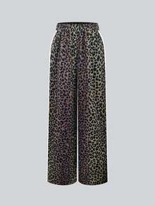 New Fashionable & Elegant Side Striped Ombre Leopard Print Elastic Waist Loose Pants, Suitable For Home, Vacation, School, Travel, Country Music Festival - Dark Brown - View 6