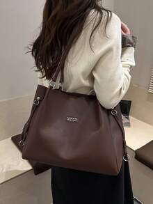 纯色大容量标签设计单肩包，经典百搭实用通勤女士手提包，适合逛街、钱包、购物、年轻女性、大学生、新人、白领人士。非常适合办公室、大学、工作、商务、通勤、户外活动、旅行和郊游 - 咖啡 - 查看 3