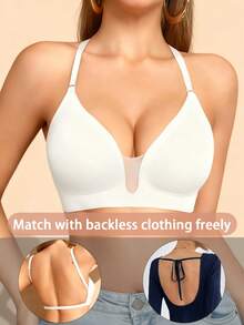 Women's Solid Color Backless Mesh Patchwork Comfortable Bra - White - View 2
