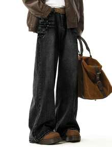 Womens Rivet Wide Leg Jeans Low Rise Baggy Jeans Straight Denim Pants Fall - 黑色 - 查看 5