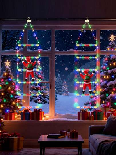 Santa Claus Ladder Lights, Creative Staircase Fairy Lights, Roof Eaves Window Sill Decorative Hanging Lights, Yard Holiday Decor, Christmas Decorative Atmosphere Lights, Creative Decorative Lights To Create Holiday Atmosphere, Suitable For Eaves, Window Sill, Yard, Christmas Gift