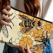 Sac de maquillage imprimé avec motif mignon de miel et fermeture éclair. Sac de cosmétiques et de toilette au style boho floral. Sac réutilisable pour médicaments, sac de rangement pour stylos et accessoires esthétiques animaux. Sac de rangement pour le maquillage et les voyages. Pour l'école, la décoration d'été, le rangement de collations. 23 cm x 15 cm