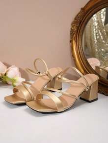 French Square Toe Strap Elegant Fairy Style Chunky Heel Slide Sandals, Suitable For Dates, Shopping, Commuting, Business, Gatherings, Parties, Vacations, Fashionable, Versatile, Comfortable - Gold - View 7