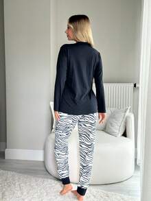 Heart Print Long Sleeve Top & Zebra Pattern Pants Pajama Set - Black - View 4