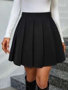 Keke Bloomly New Elegant Slim-Fit Mini Pleated Skirt, Featuring Fashionable, Minimalist, Vintage Design, Versatile For Daily Wear, Casual Outings, School Activities, Back-To-School Season, And Women's Valentine's Day - Black - View 2