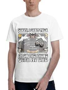 1 pieza 100% algodón manga cortam, Camiseta de manga corta negra de los hombres con Sorry I Can't Talk estoy en el teléfono con mi papá de Halloween esqueleto de impresión, perfecto para la fiesta de Halloween y eventos de disfraces - Blanco - Ver 3
