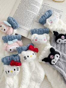 Sanrio 4 Pairs Women's Autumn/Winter Coral Fleece Cute Cartoon Hello Kitty, My Melody, Kuromi, Cinnamoroll Pattern Fashion Warm Comfortable Sleepwear Mid-Calf Socks